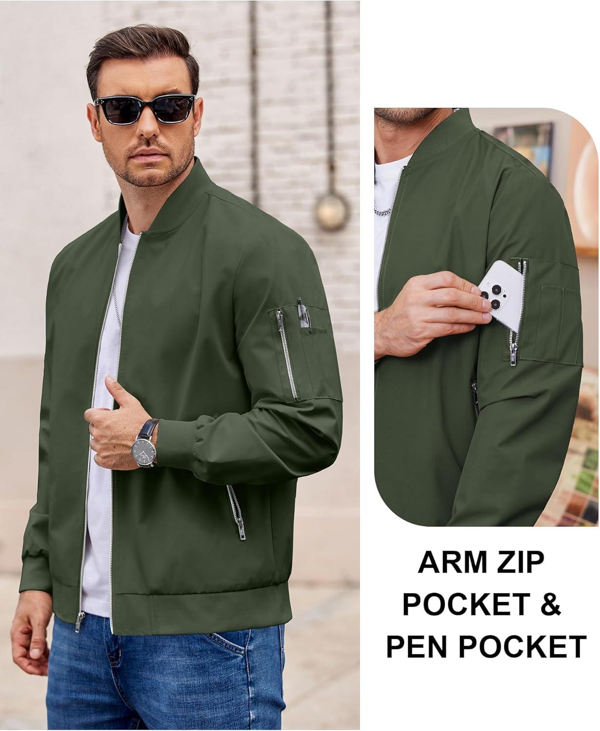 imageCOOFANDY Men Bomber Jacket Lightweight Casual Windbreaker Zip Up Coat Fashion Stylish Fall Jackets with PocketArmy Green
