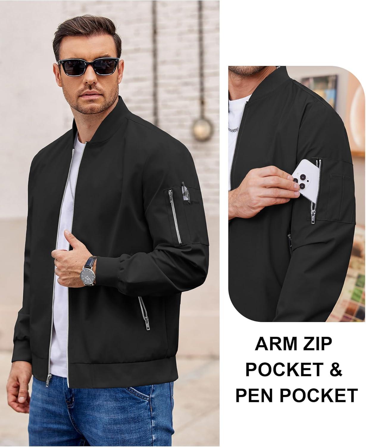 imageCOOFANDY Men Bomber Jacket Lightweight Casual Windbreaker Zip Up Coat Fashion Stylish Fall Jackets with PocketBlack