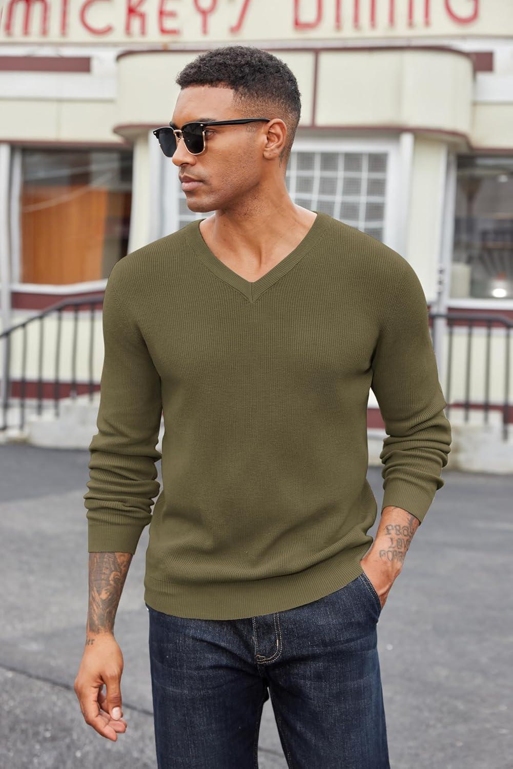 imageCOOFANDY Men V Neck Dress Sweater Knit Long Sleeve Casual Slim Fit Pullover SweaterArmy Green