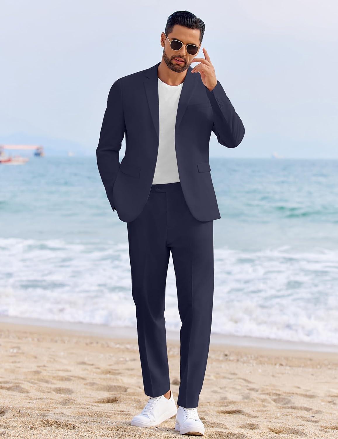 imageCOOFANDY Mens 2 Piece Linen Suits Set Regular Fit Casual Linen Lightweight Suit Summer Beach WeddingNavy Blue
