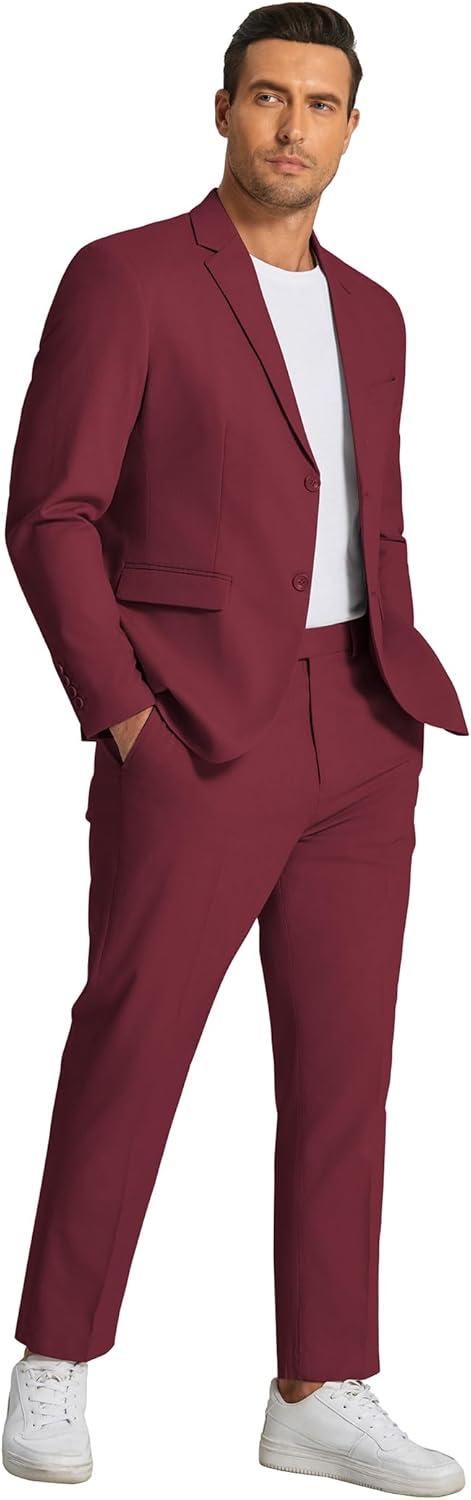 imageCOOFANDY Mens 2 Piece Linen Suits Set Regular Fit Casual Linen Lightweight Suit Summer Beach WeddingWine Red