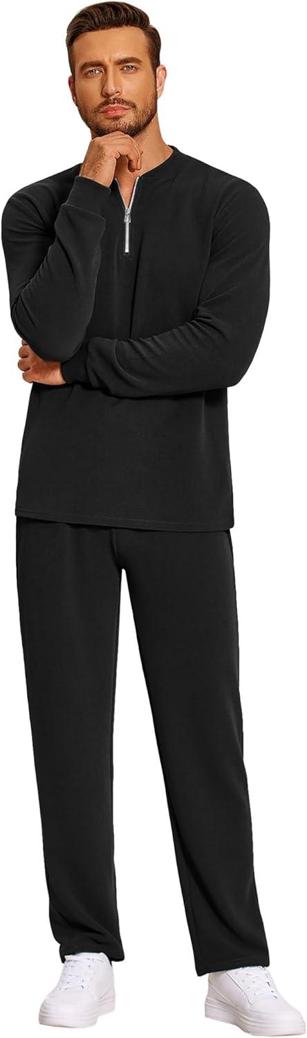 imageCOOFANDY Mens 2 Piece Tracksuit Set Polo Athletic Sweatsuit Quarter Zip Jogging Long Sleeve Casual Sports OutfitsAll Black