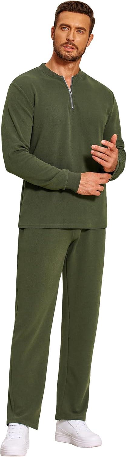 imageCOOFANDY Mens 2 Piece Tracksuit Set Polo Athletic Sweatsuit Quarter Zip Jogging Long Sleeve Casual Sports OutfitsArmy Green