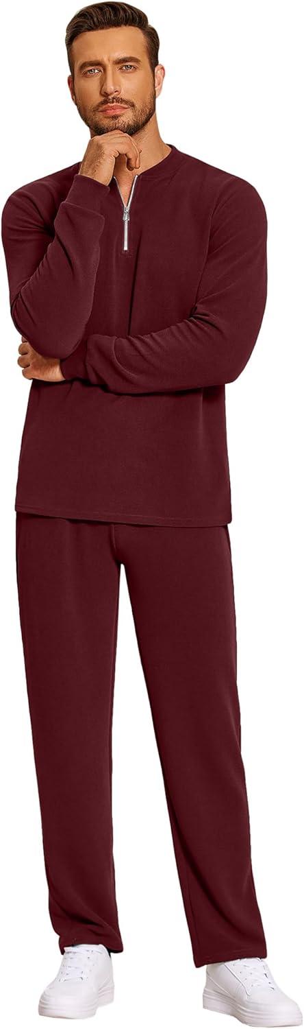 imageCOOFANDY Mens 2 Piece Tracksuit Set Polo Athletic Sweatsuit Quarter Zip Jogging Long Sleeve Casual Sports OutfitsDark Red
