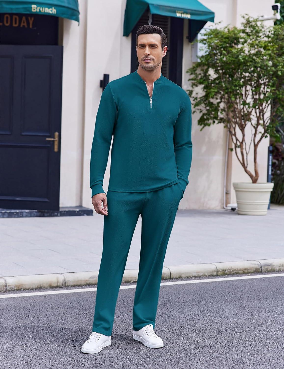 imageCOOFANDY Mens 2 Piece Tracksuit Set Polo Athletic Sweatsuit Quarter Zip Jogging Long Sleeve Casual Sports OutfitsDenim Blue