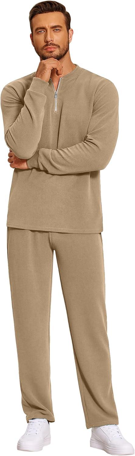 imageCOOFANDY Mens 2 Piece Tracksuit Set Polo Athletic Sweatsuit Quarter Zip Jogging Long Sleeve Casual Sports OutfitsKhaki