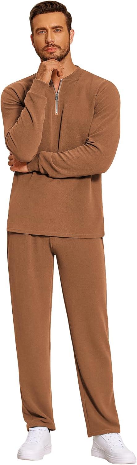 imageCOOFANDY Mens 2 Piece Tracksuit Set Polo Athletic Sweatsuit Quarter Zip Jogging Long Sleeve Casual Sports OutfitsLight Brown