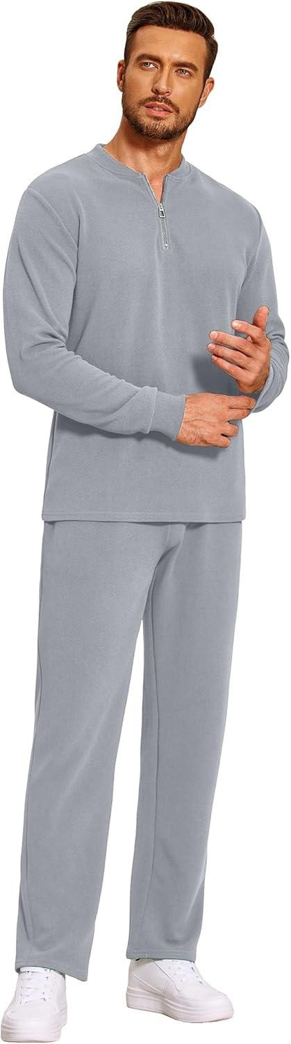 imageCOOFANDY Mens 2 Piece Tracksuit Set Polo Athletic Sweatsuit Quarter Zip Jogging Long Sleeve Casual Sports OutfitsLight Grey