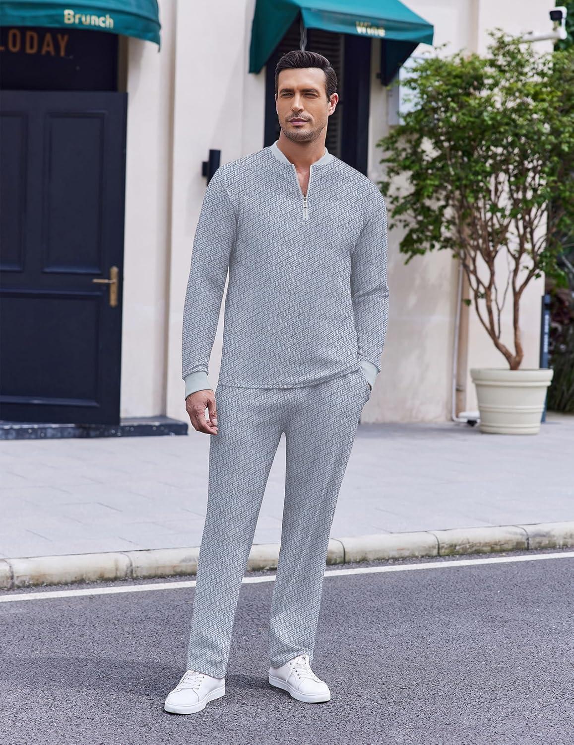 imageCOOFANDY Mens 2 Piece Tracksuit Set Polo Athletic Sweatsuit Quarter Zip Jogging Long Sleeve Casual Sports OutfitsLight Grey Jacquard