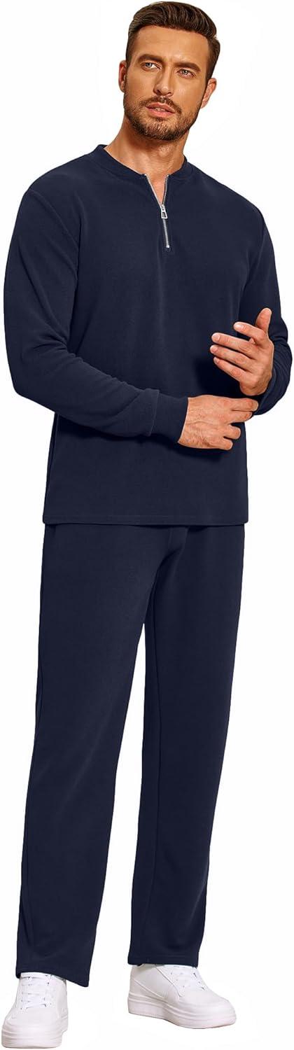 imageCOOFANDY Mens 2 Piece Tracksuit Set Polo Athletic Sweatsuit Quarter Zip Jogging Long Sleeve Casual Sports OutfitsNavy Blue