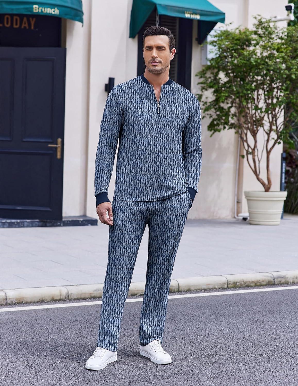 imageCOOFANDY Mens 2 Piece Tracksuit Set Polo Athletic Sweatsuit Quarter Zip Jogging Long Sleeve Casual Sports OutfitsNavy Blue Jacquard