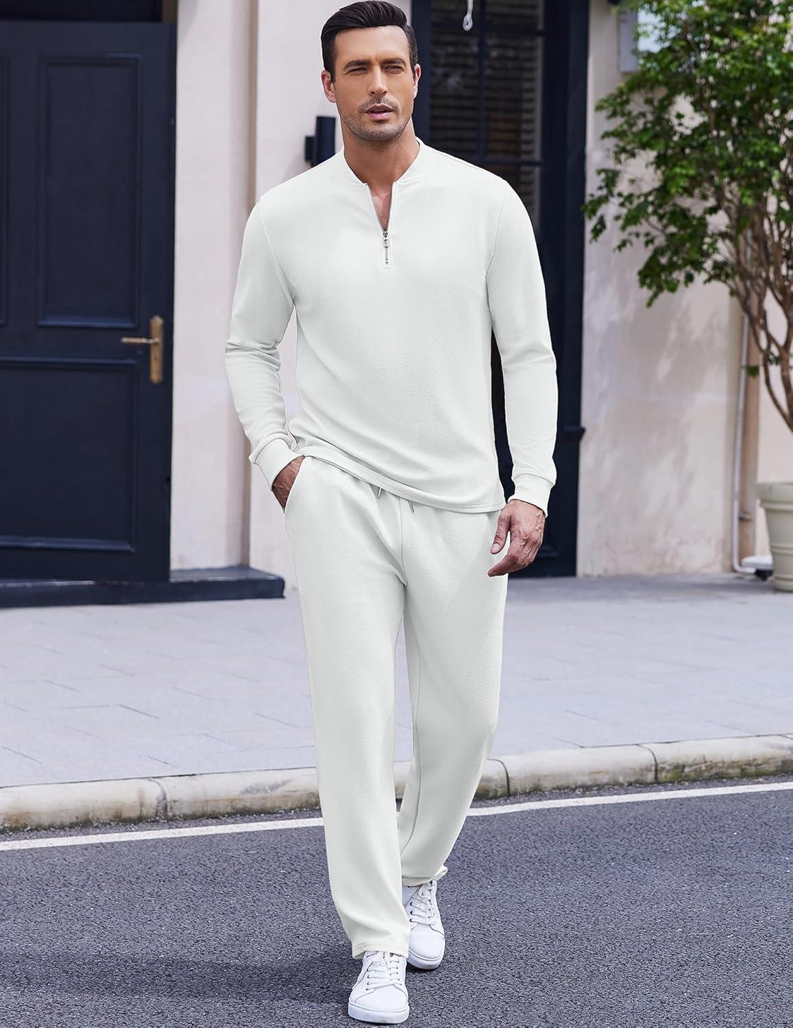 imageCOOFANDY Mens 2 Piece Tracksuit Set Polo Athletic Sweatsuit Quarter Zip Jogging Long Sleeve Casual Sports OutfitsWhite