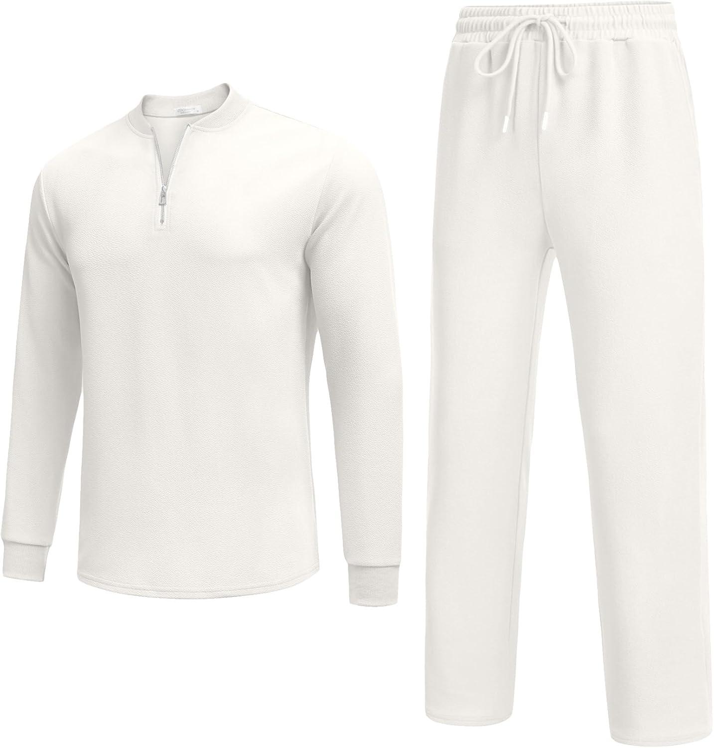 imageCOOFANDY Mens 2 Piece Tracksuit Set Polo Athletic Sweatsuit Quarter Zip Jogging Long Sleeve Casual Sports OutfitsWhite