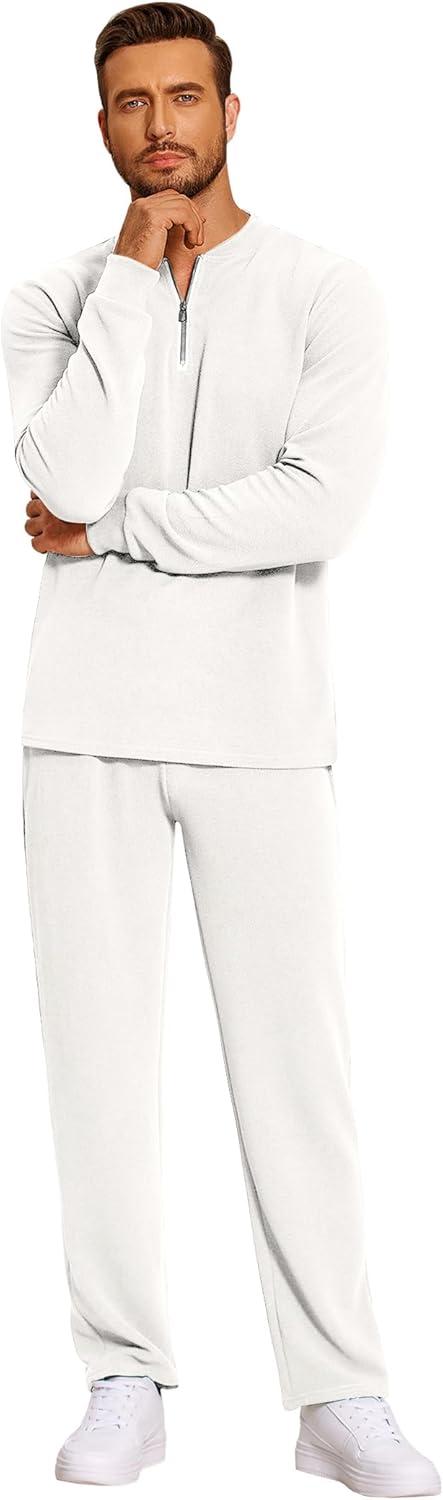 imageCOOFANDY Mens 2 Piece Tracksuit Set Polo Athletic Sweatsuit Quarter Zip Jogging Long Sleeve Casual Sports OutfitsWhite