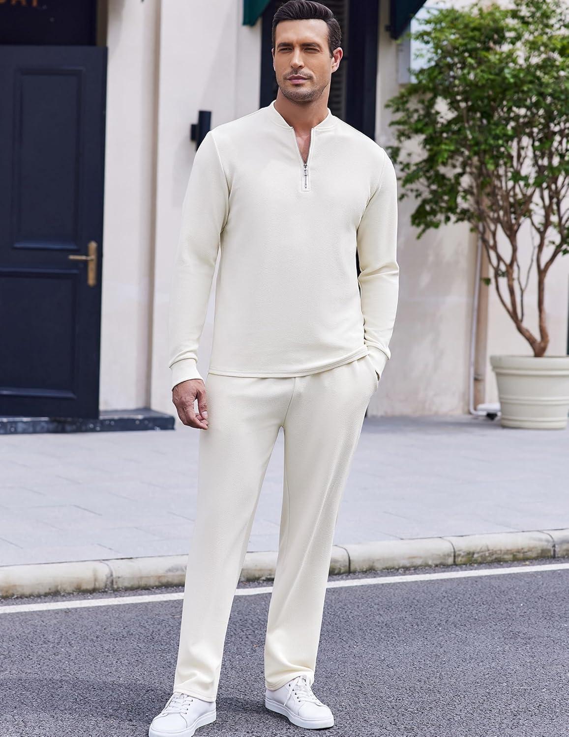 imageCOOFANDY Mens 2 Piece Tracksuit Set Polo Athletic Sweatsuit Quarter Zip Jogging Long Sleeve Casual Sports OutfitsWhite