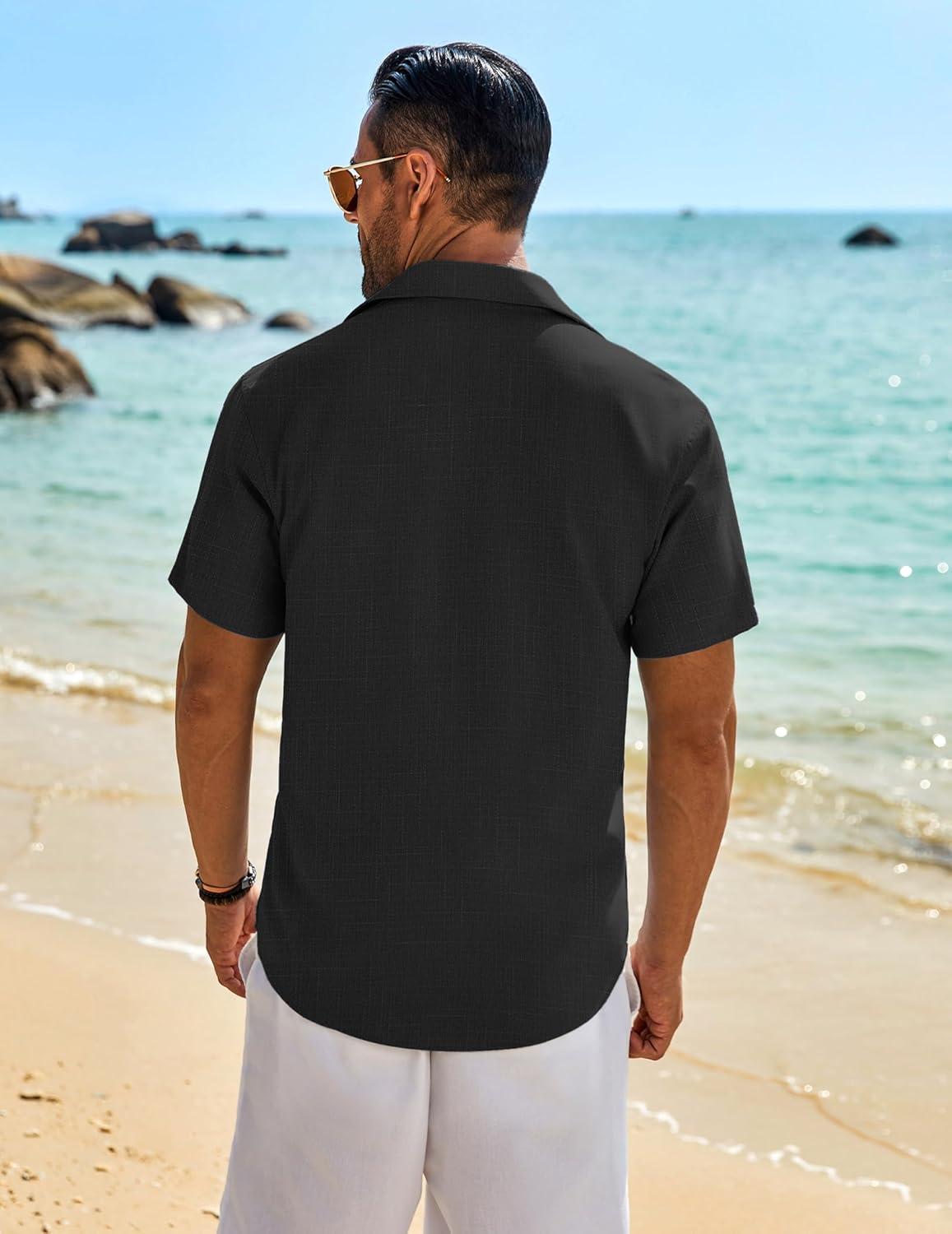 imageCOOFANDY Mens Button Down Shirt Short Sleeve Casual Shirts Beach Summer Linen Shirts Wedding Vacation ShirtBlack