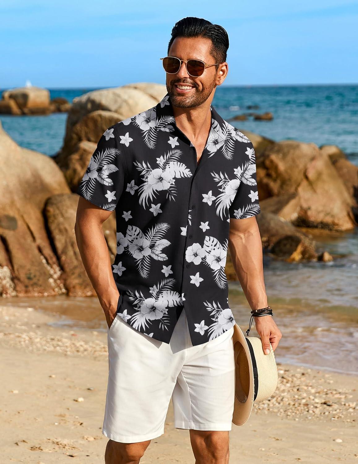 imageCOOFANDY Mens Button Down Shirt Short Sleeve Casual Shirts Beach Summer Linen Shirts Wedding Vacation ShirtBlack Whiteflower