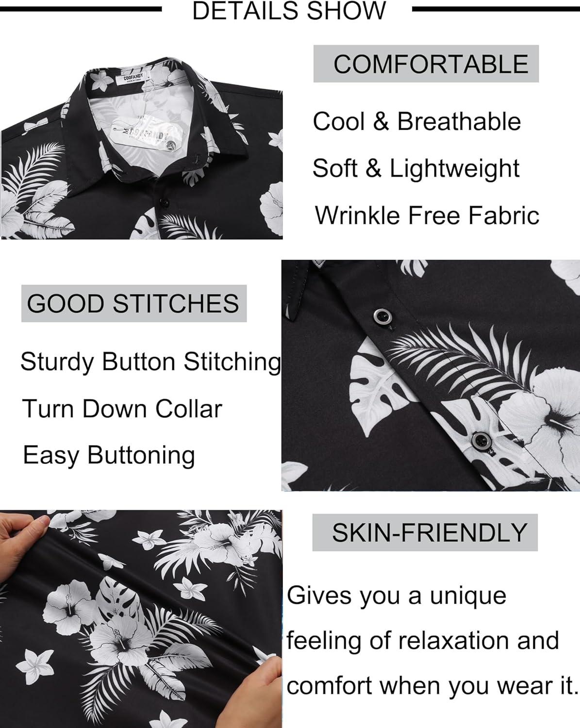 imageCOOFANDY Mens Button Down Shirt Short Sleeve Casual Shirts Beach Summer Linen Shirts Wedding Vacation ShirtBlack Whiteflower