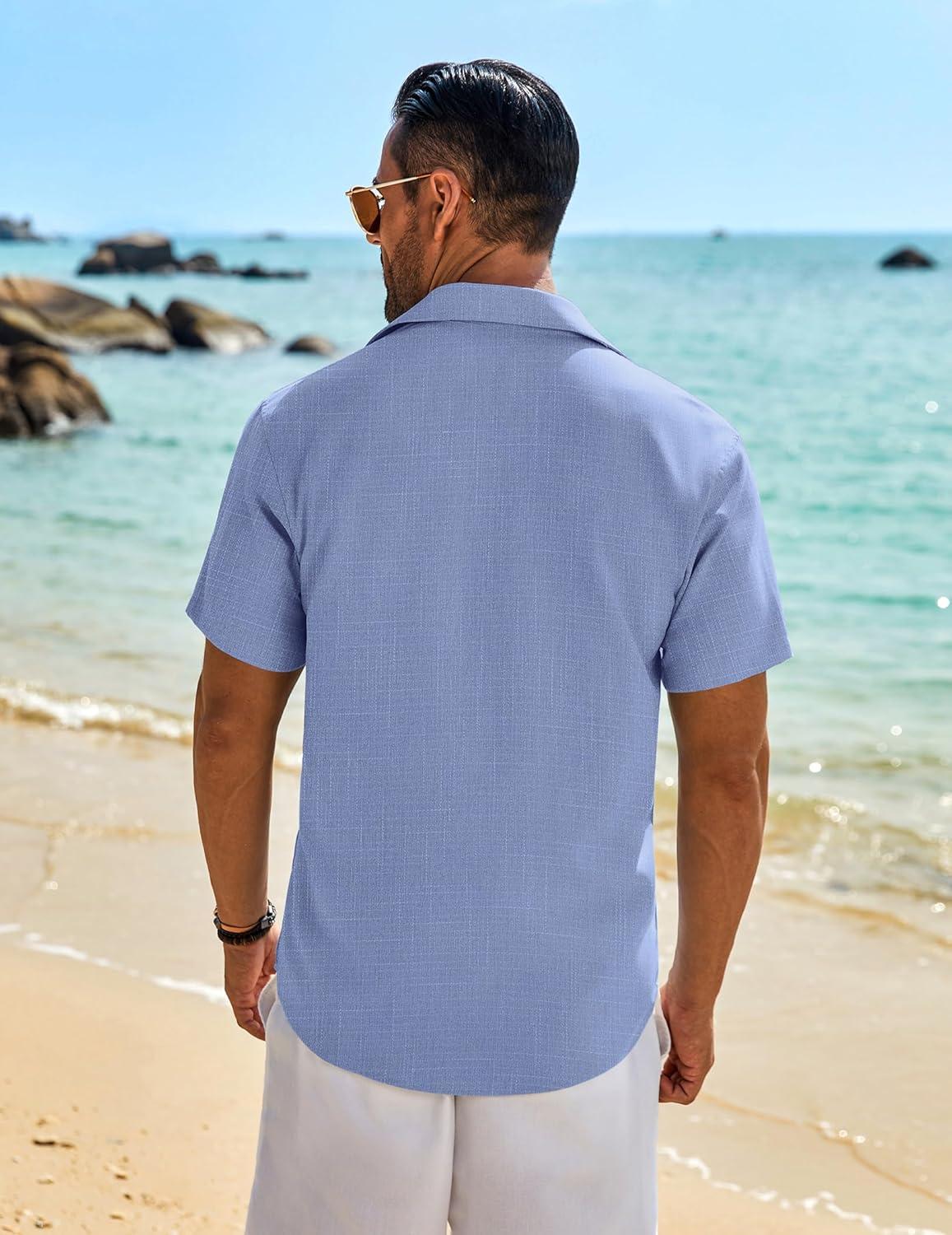 imageCOOFANDY Mens Button Down Shirt Short Sleeve Casual Shirts Beach Summer Linen Shirts Wedding Vacation ShirtBlue