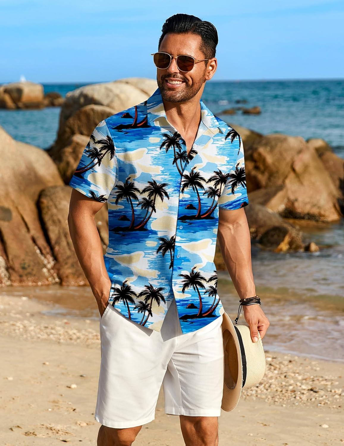 imageCOOFANDY Mens Button Down Shirt Short Sleeve Casual Shirts Beach Summer Linen Shirts Wedding Vacation ShirtBlue Sea