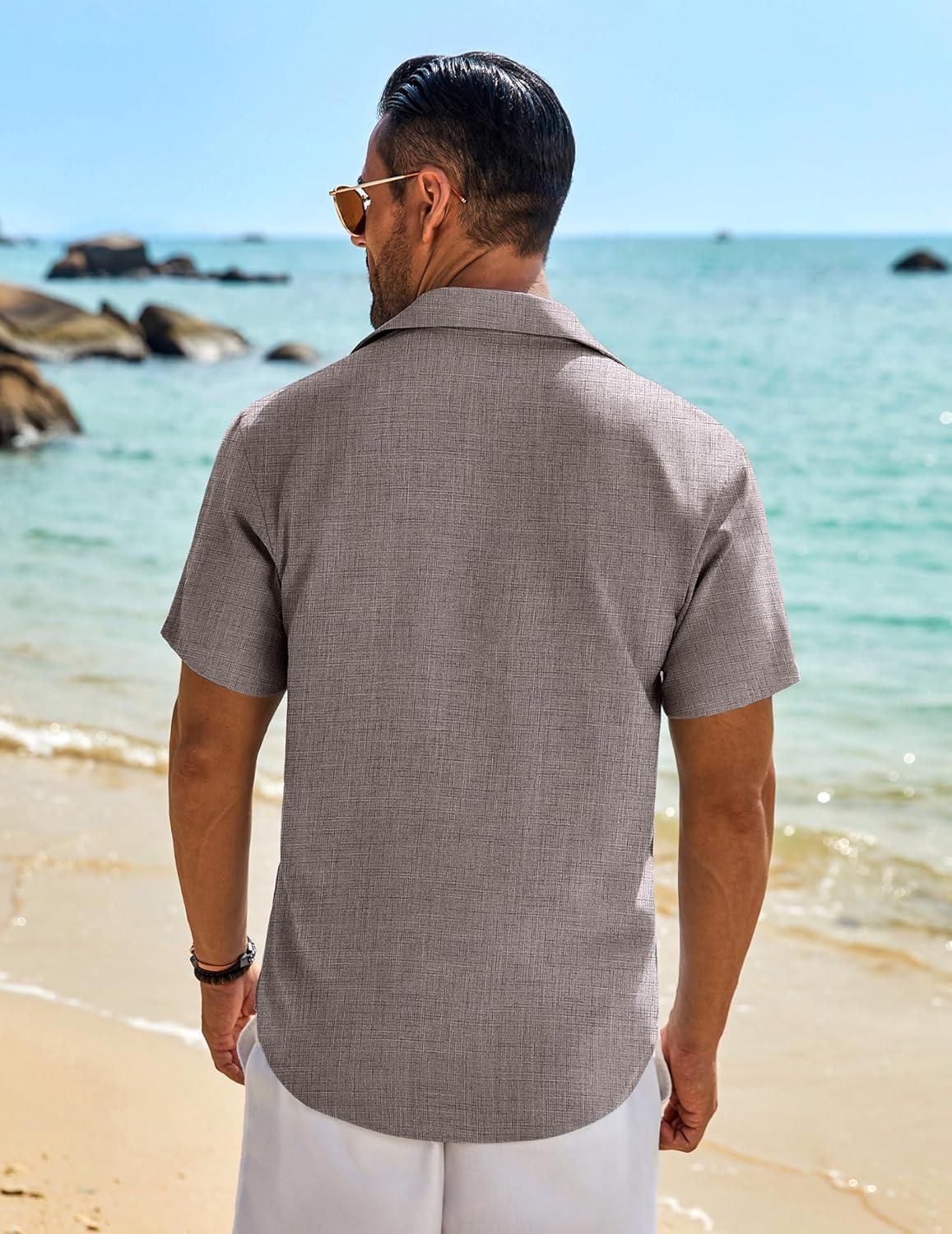 imageCOOFANDY Mens Button Down Shirt Short Sleeve Casual Shirts Beach Summer Linen Shirts Wedding Vacation ShirtBrown