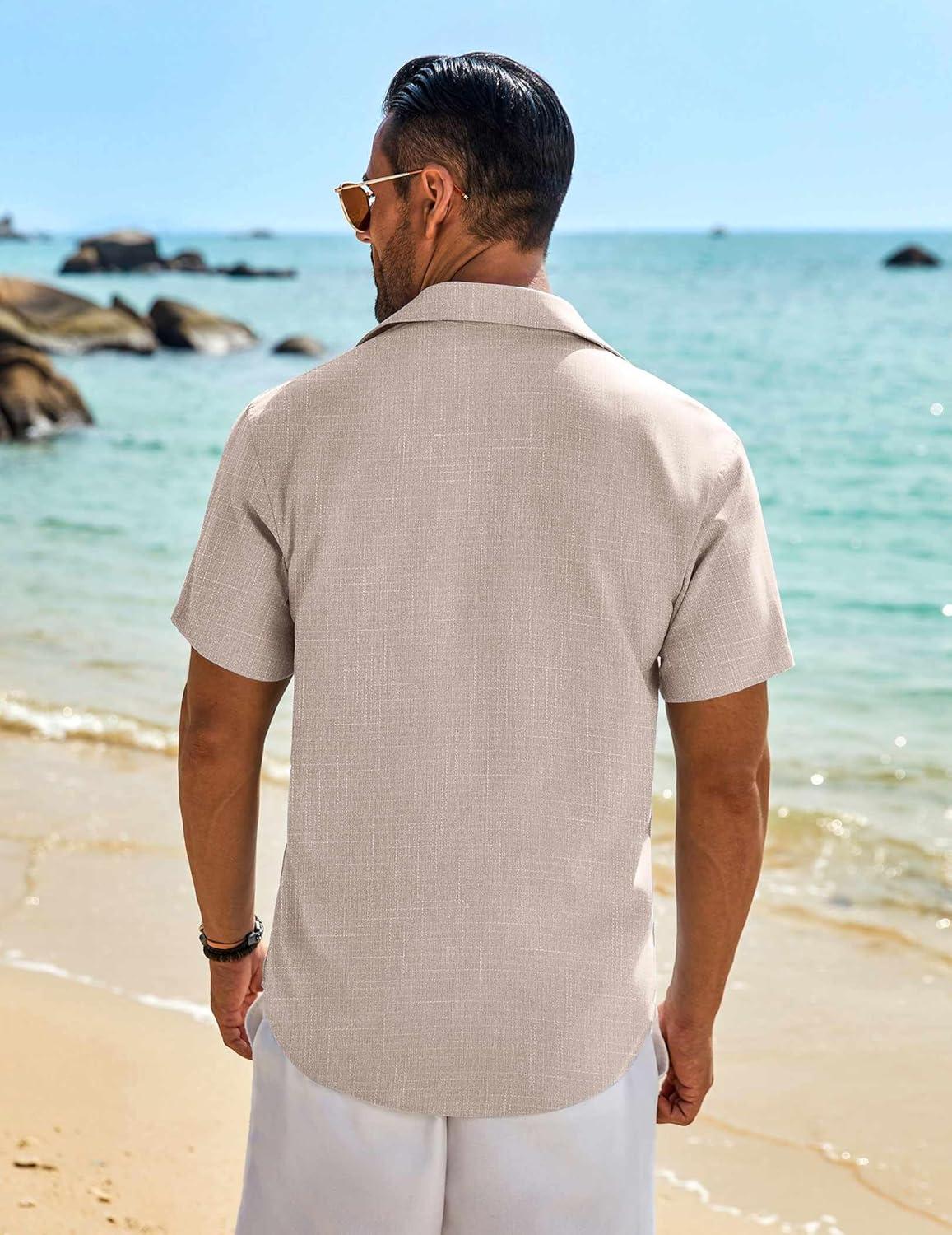 imageCOOFANDY Mens Button Down Shirt Short Sleeve Casual Shirts Beach Summer Linen Shirts Wedding Vacation ShirtKhaki