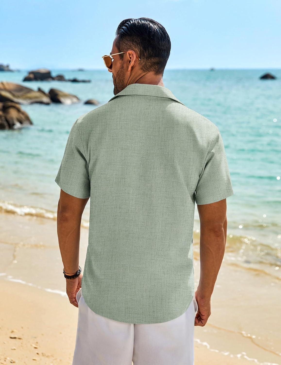 imageCOOFANDY Mens Button Down Shirt Short Sleeve Casual Shirts Beach Summer Linen Shirts Wedding Vacation ShirtLight Green