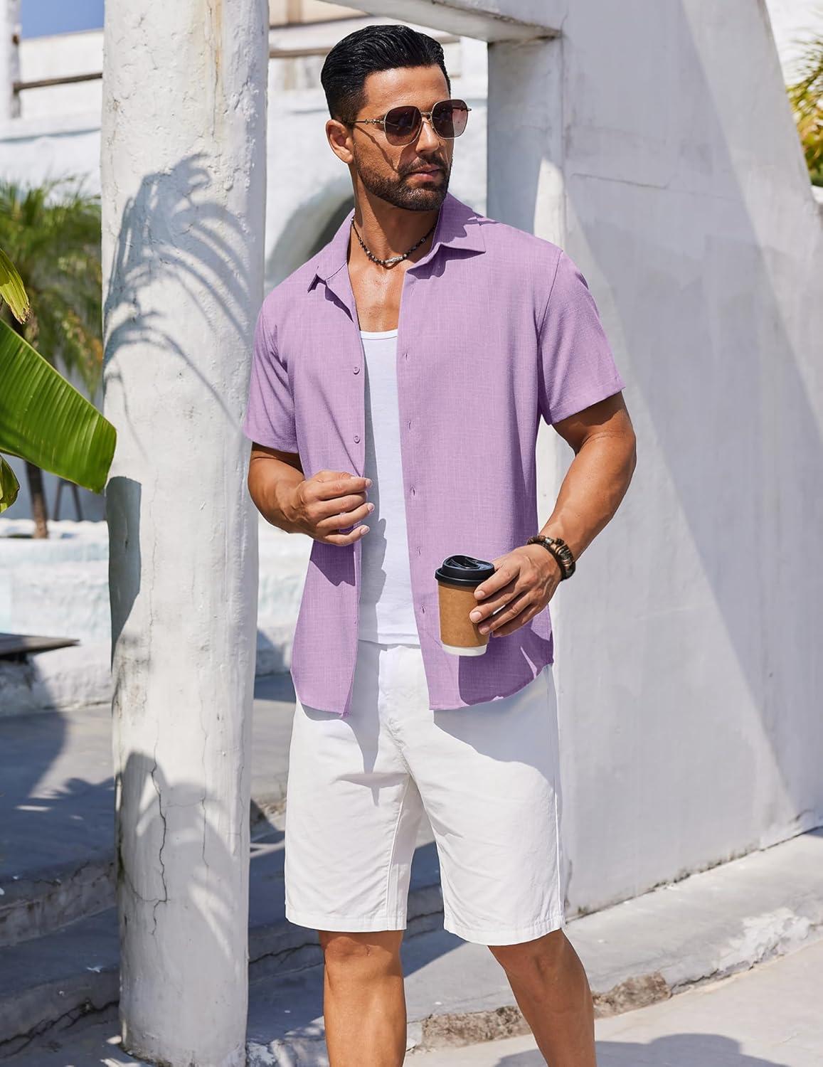 imageCOOFANDY Mens Button Down Shirt Short Sleeve Casual Shirts Beach Summer Linen Shirts Wedding Vacation ShirtLight Purple