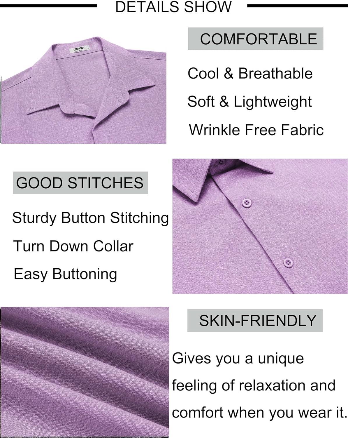 imageCOOFANDY Mens Button Down Shirt Short Sleeve Casual Shirts Beach Summer Linen Shirts Wedding Vacation ShirtLight Purple