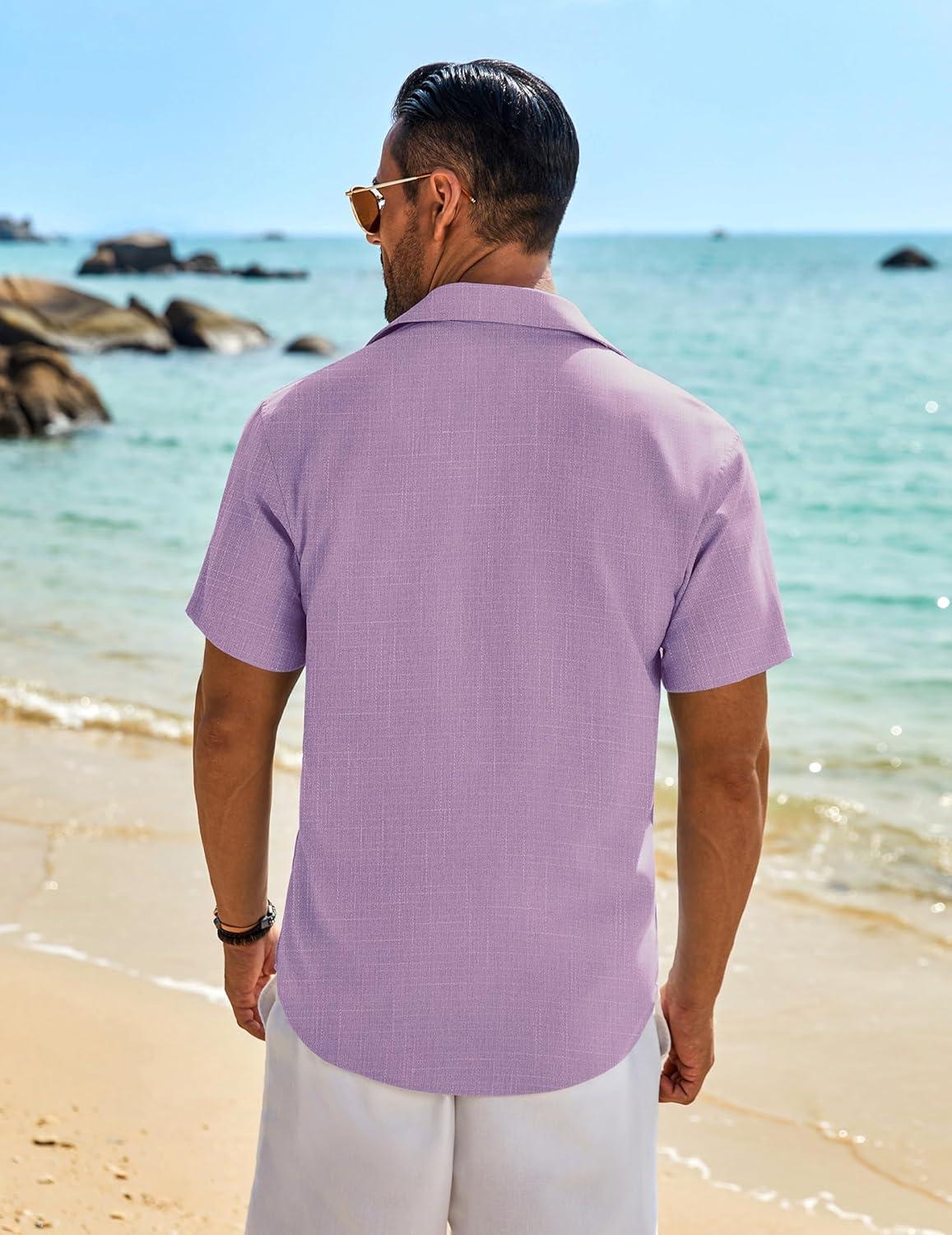 imageCOOFANDY Mens Button Down Shirt Short Sleeve Casual Shirts Beach Summer Linen Shirts Wedding Vacation ShirtLight Purple
