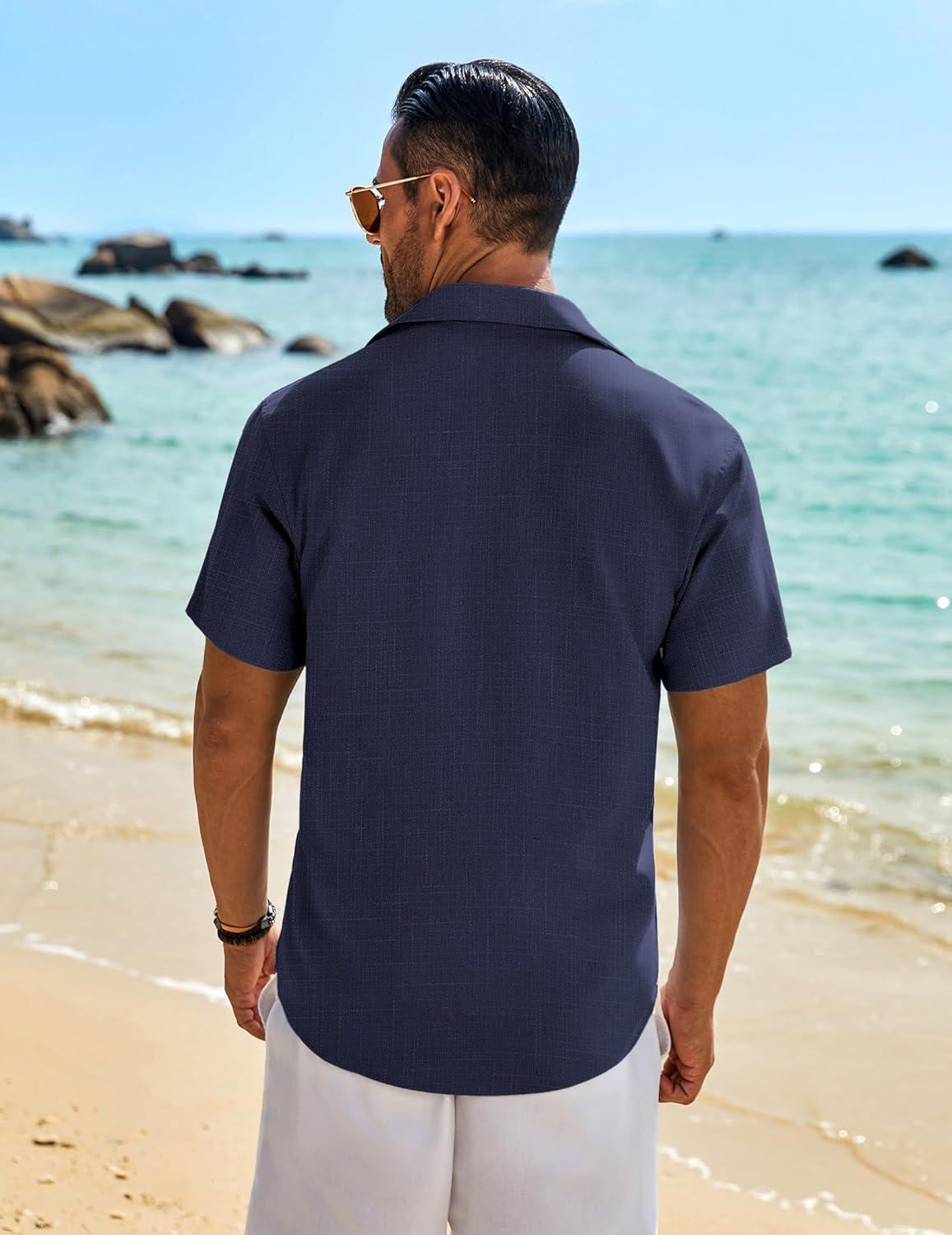 imageCOOFANDY Mens Button Down Shirt Short Sleeve Casual Shirts Beach Summer Linen Shirts Wedding Vacation ShirtNavy Blue