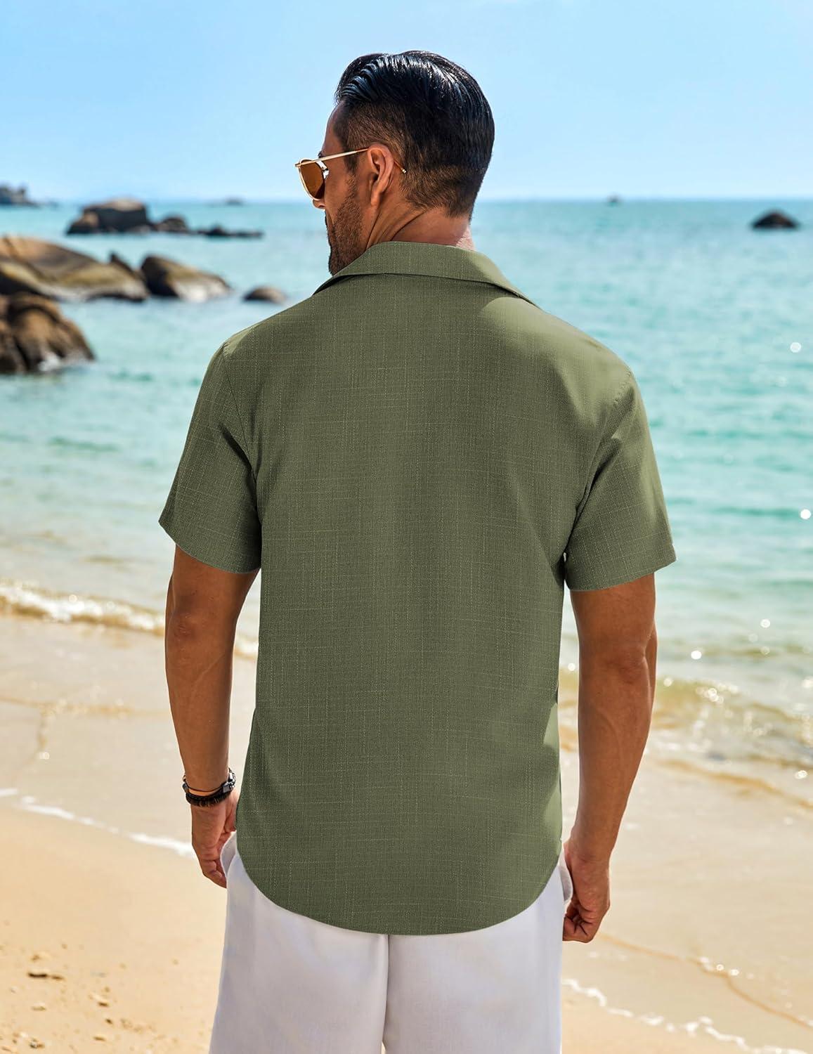 imageCOOFANDY Mens Button Down Shirt Short Sleeve Casual Shirts Beach Summer Linen Shirts Wedding Vacation ShirtOlive Green