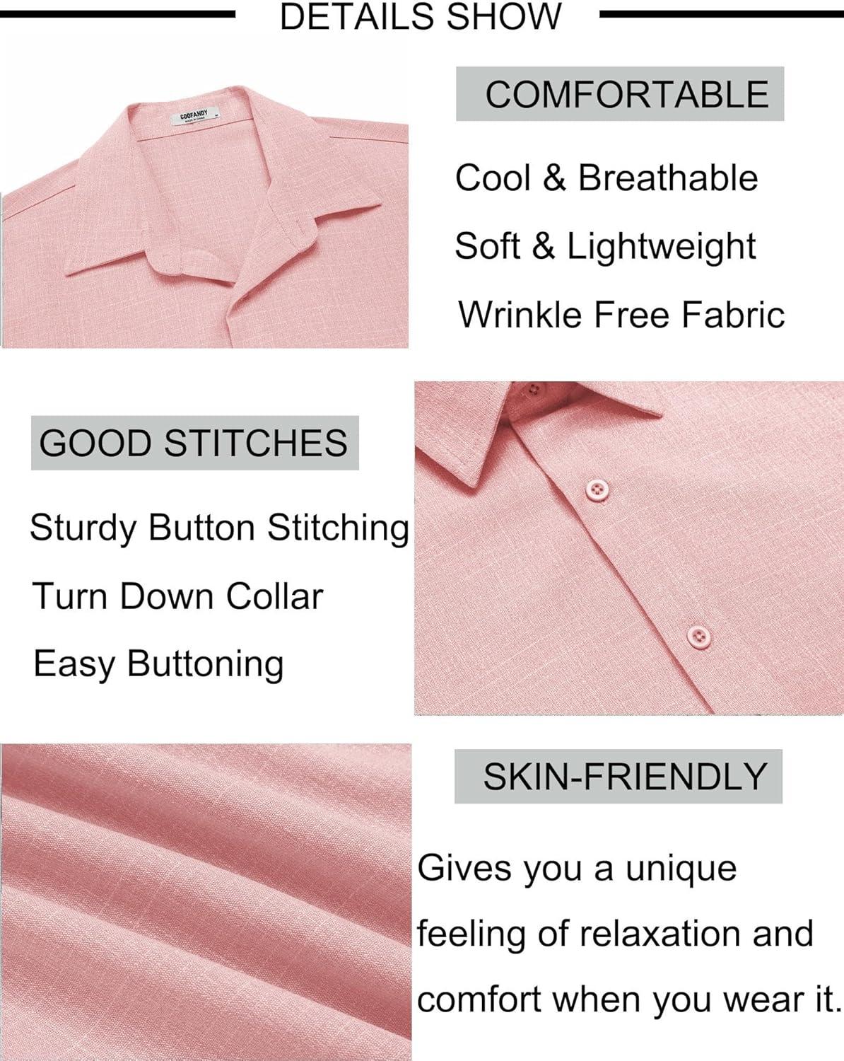 imageCOOFANDY Mens Button Down Shirt Short Sleeve Casual Shirts Beach Summer Linen Shirts Wedding Vacation ShirtPink