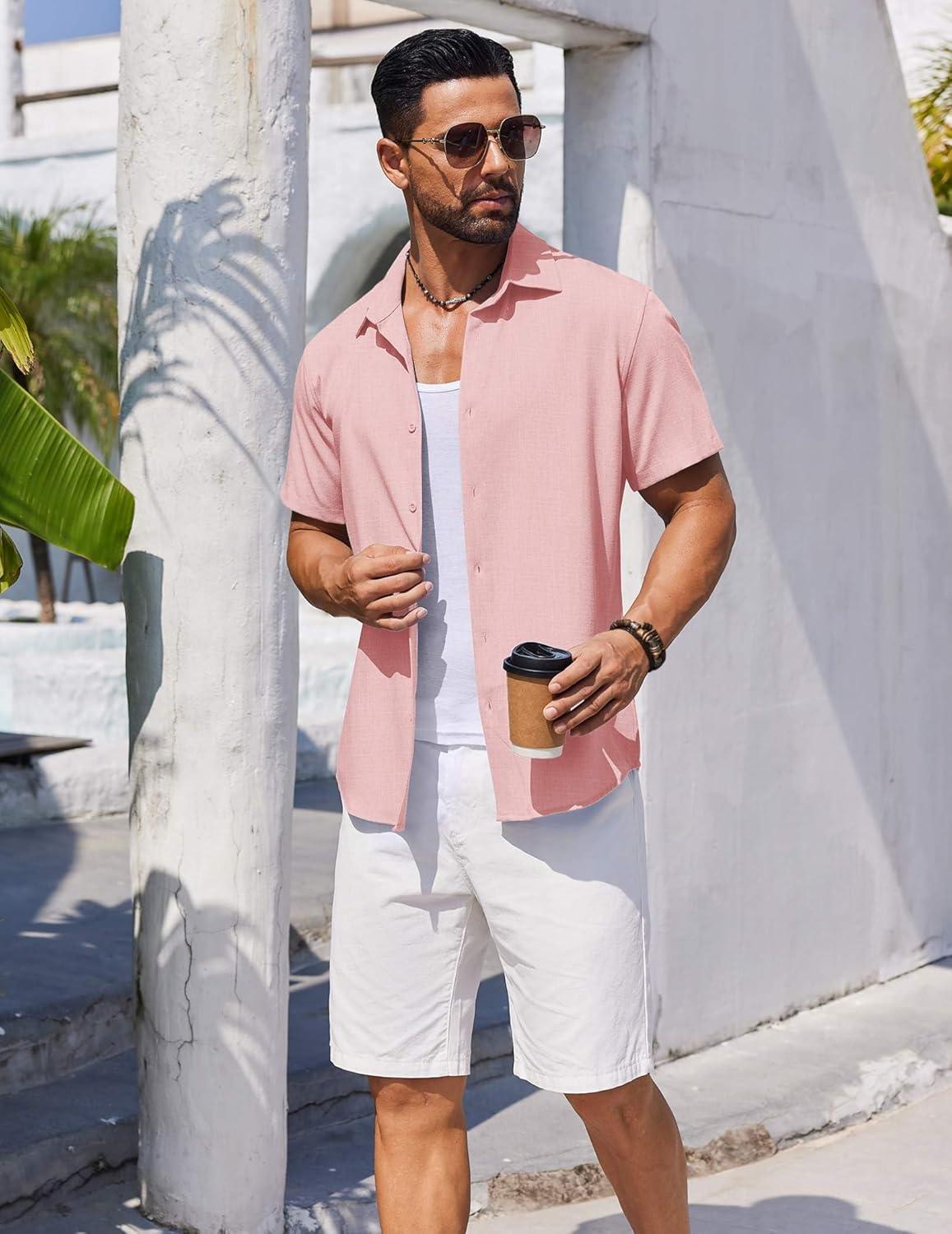 imageCOOFANDY Mens Button Down Shirt Short Sleeve Casual Shirts Beach Summer Linen Shirts Wedding Vacation ShirtPink