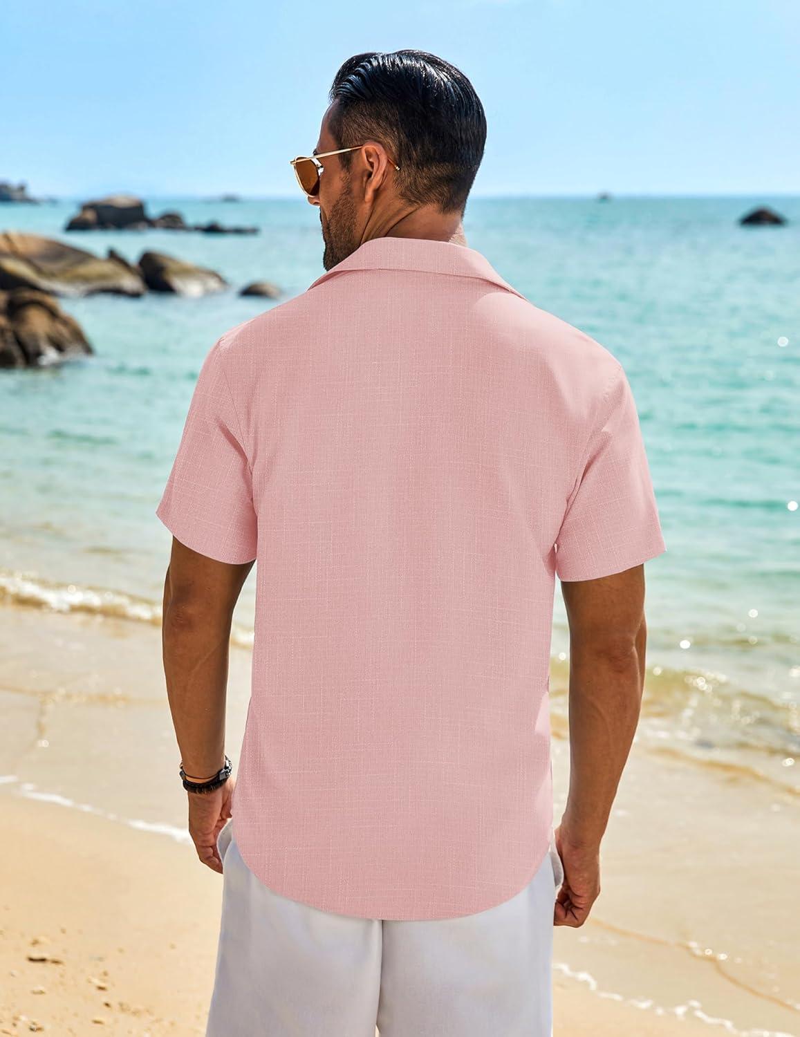 imageCOOFANDY Mens Button Down Shirt Short Sleeve Casual Shirts Beach Summer Linen Shirts Wedding Vacation ShirtPink