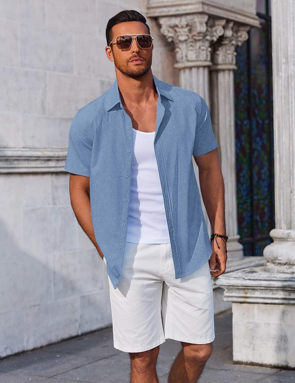 imageCOOFANDY Mens Button Down Shirts Short Sleeve Casual Summer Beach Shirts Vacation Wedding ShirtsDenim Blue