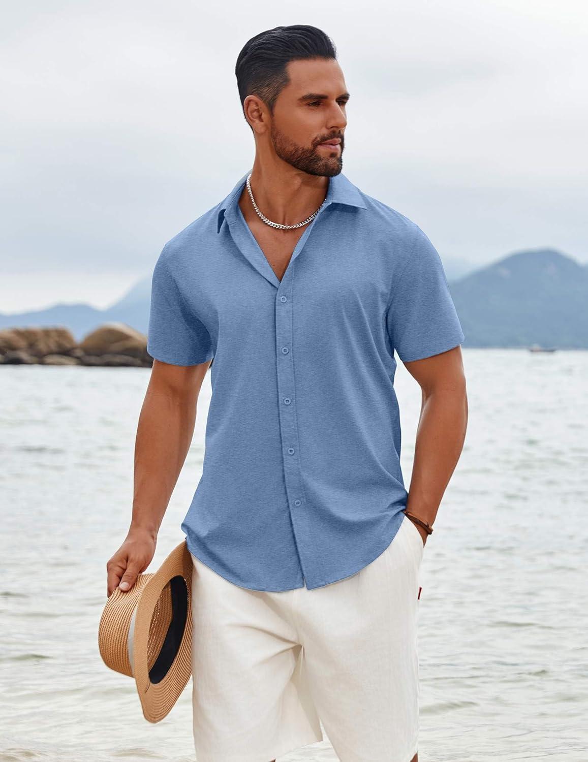 imageCOOFANDY Mens Button Down Shirts Short Sleeve Casual Summer Beach Shirts Vacation Wedding ShirtsDenim Blue
