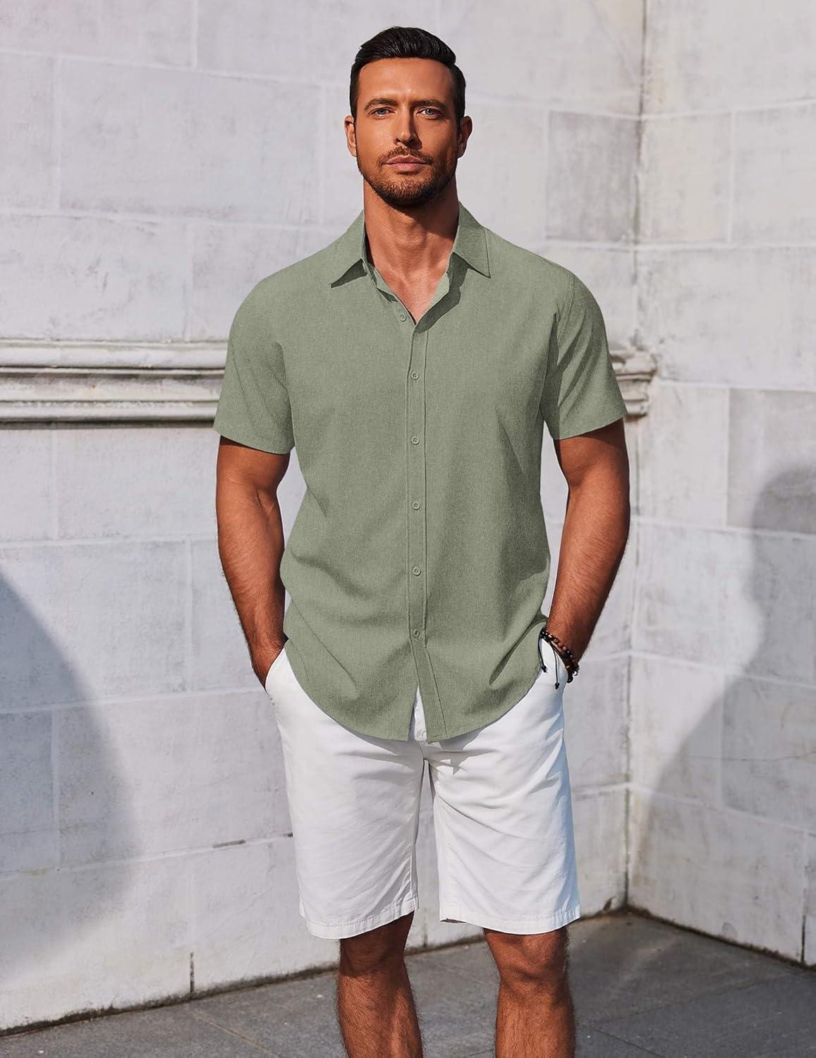 imageCOOFANDY Mens Button Down Shirts Short Sleeve Casual Summer Beach Shirts Vacation Wedding ShirtsOlive Green