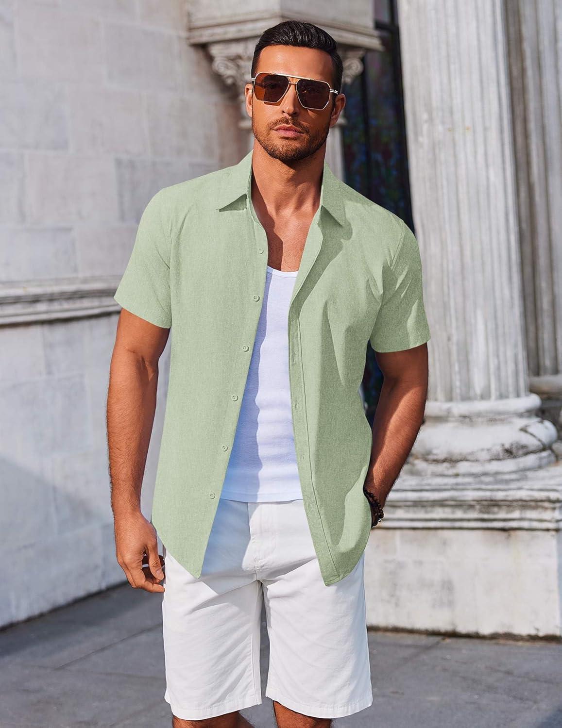 imageCOOFANDY Mens Button Down Shirts Short Sleeve Casual Summer Beach Shirts Vacation Wedding ShirtsSage Green