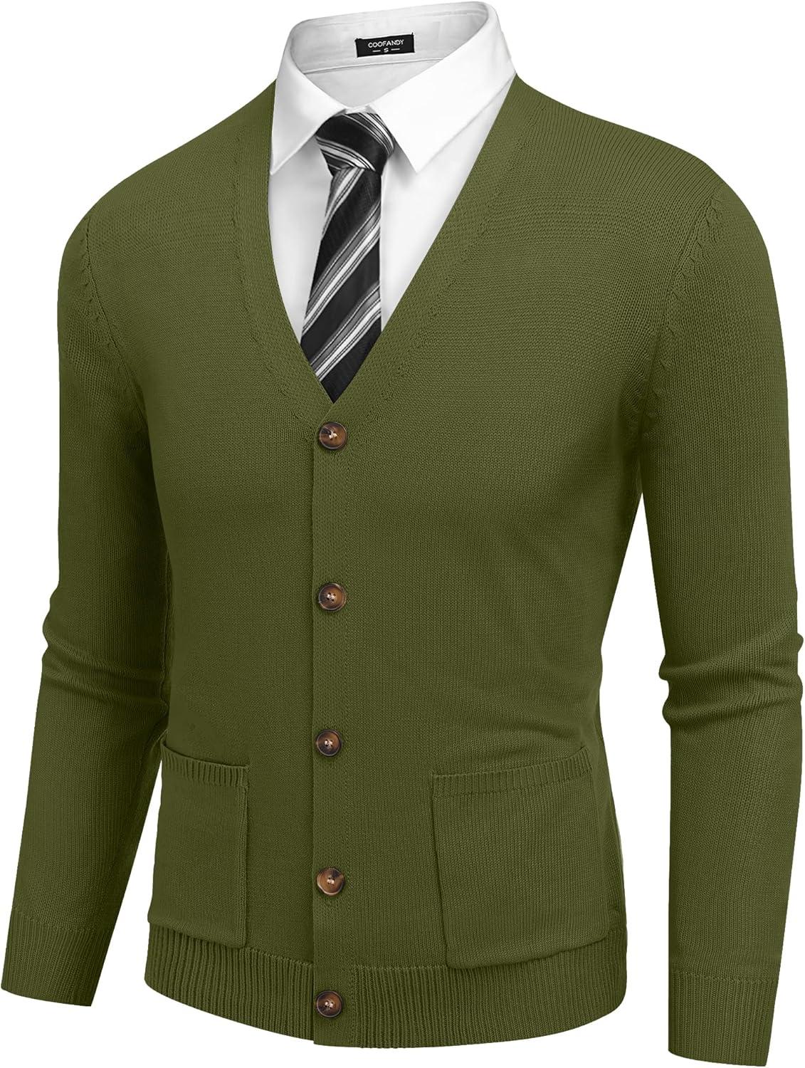 imageCOOFANDY Mens Cardigan Sweater Long Sleeve Casual V Neck Button Down Knitted Sweater with PocketsArmy Green