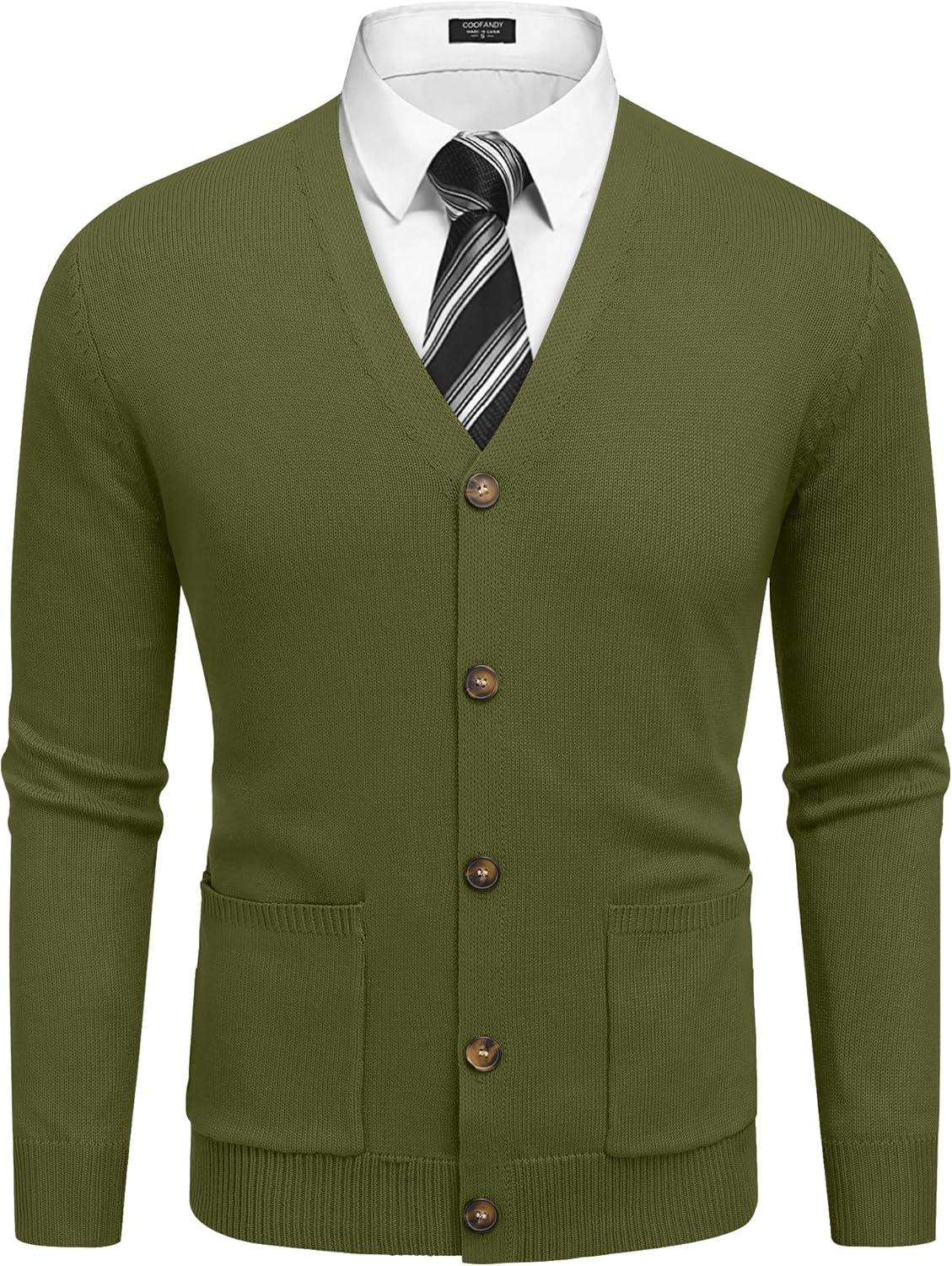 imageCOOFANDY Mens Cardigan Sweater Long Sleeve Casual V Neck Button Down Knitted Sweater with PocketsArmy Green