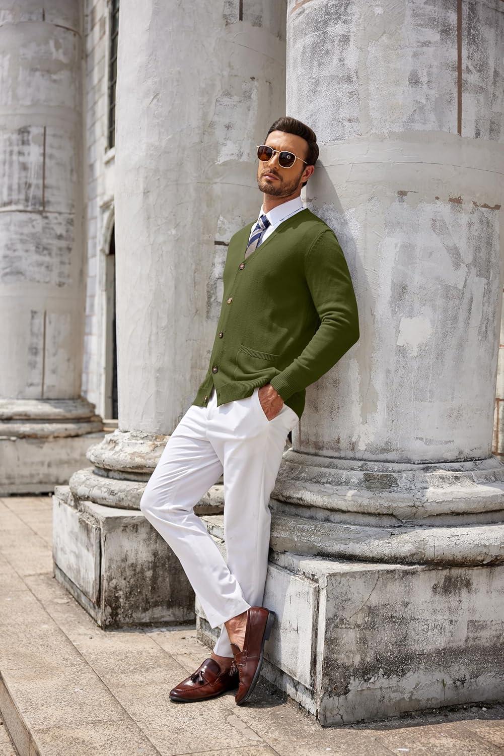 imageCOOFANDY Mens Cardigan Sweater Long Sleeve Casual V Neck Button Down Knitted Sweater with PocketsArmy Green