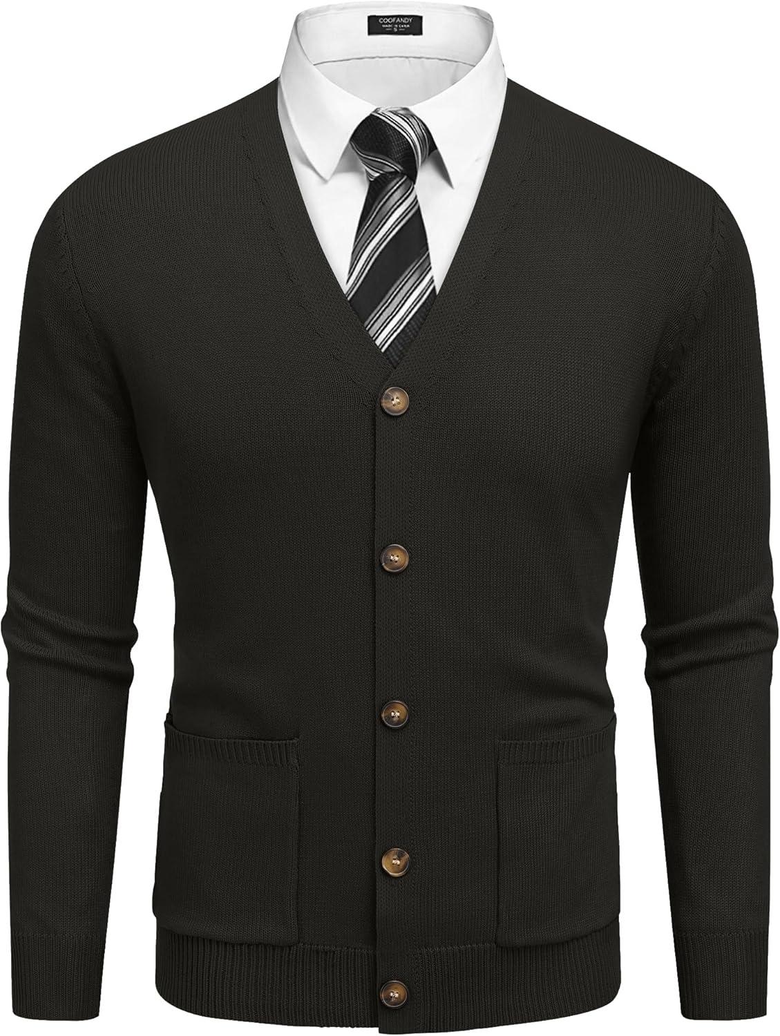 imageCOOFANDY Mens Cardigan Sweater Long Sleeve Casual V Neck Button Down Knitted Sweater with PocketsBlack