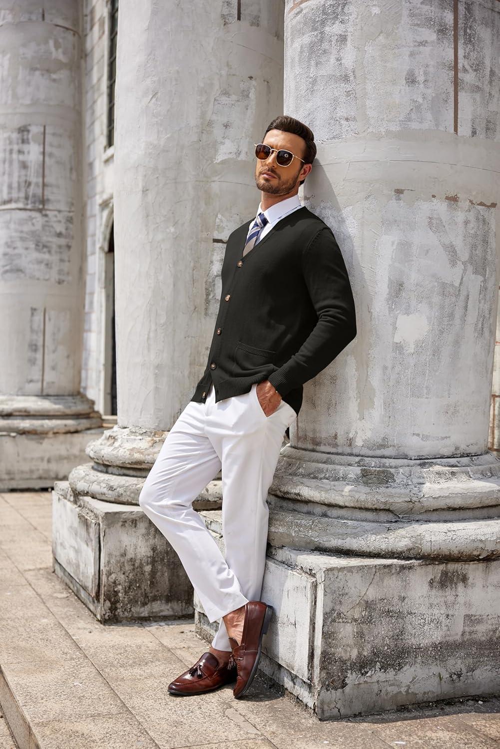 imageCOOFANDY Mens Cardigan Sweater Long Sleeve Casual V Neck Button Down Knitted Sweater with PocketsBlack