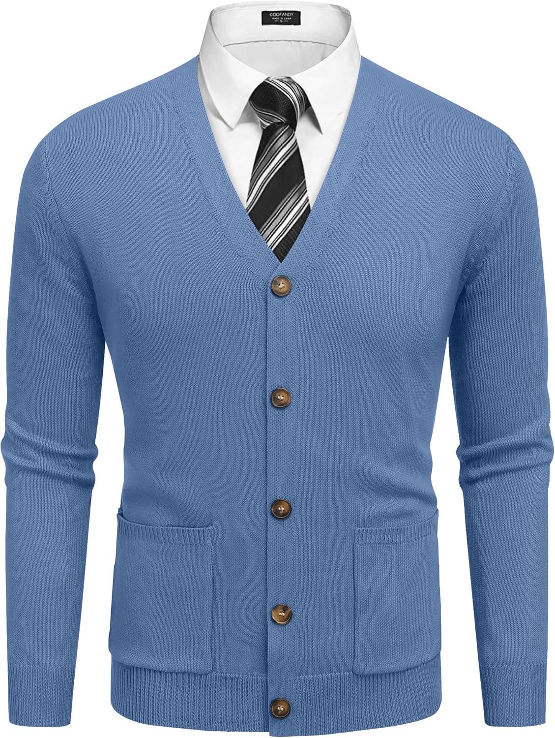 imageCOOFANDY Mens Cardigan Sweater Long Sleeve Casual V Neck Button Down Knitted Sweater with PocketsBlue