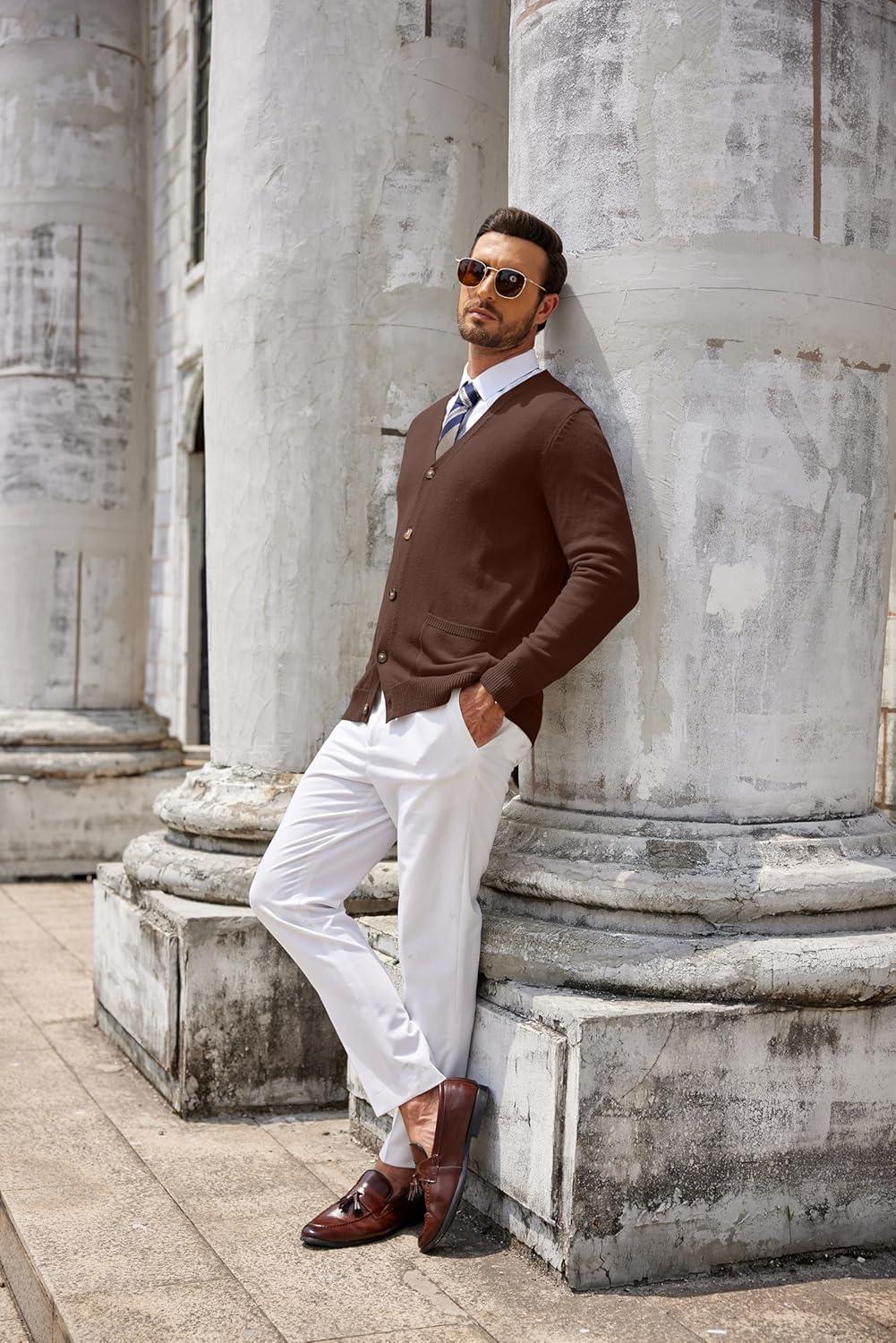 imageCOOFANDY Mens Cardigan Sweater Long Sleeve Casual V Neck Button Down Knitted Sweater with PocketsBrown