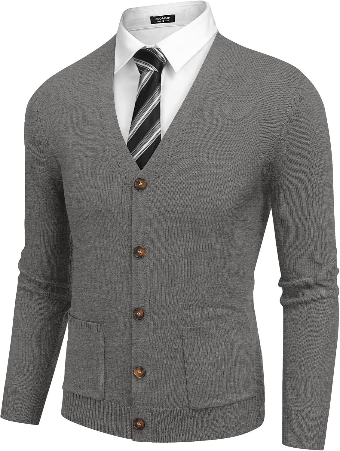 imageCOOFANDY Mens Cardigan Sweater Long Sleeve Casual V Neck Button Down Knitted Sweater with PocketsGrey