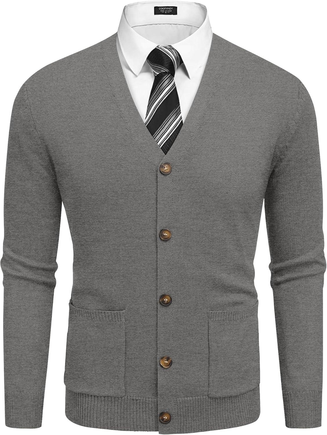 imageCOOFANDY Mens Cardigan Sweater Long Sleeve Casual V Neck Button Down Knitted Sweater with PocketsGrey