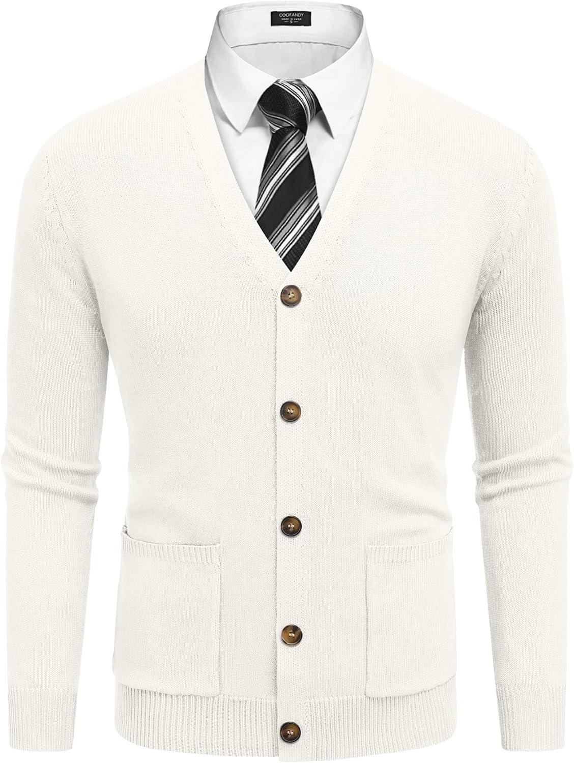 imageCOOFANDY Mens Cardigan Sweater Long Sleeve Casual V Neck Button Down Knitted Sweater with PocketsIvory