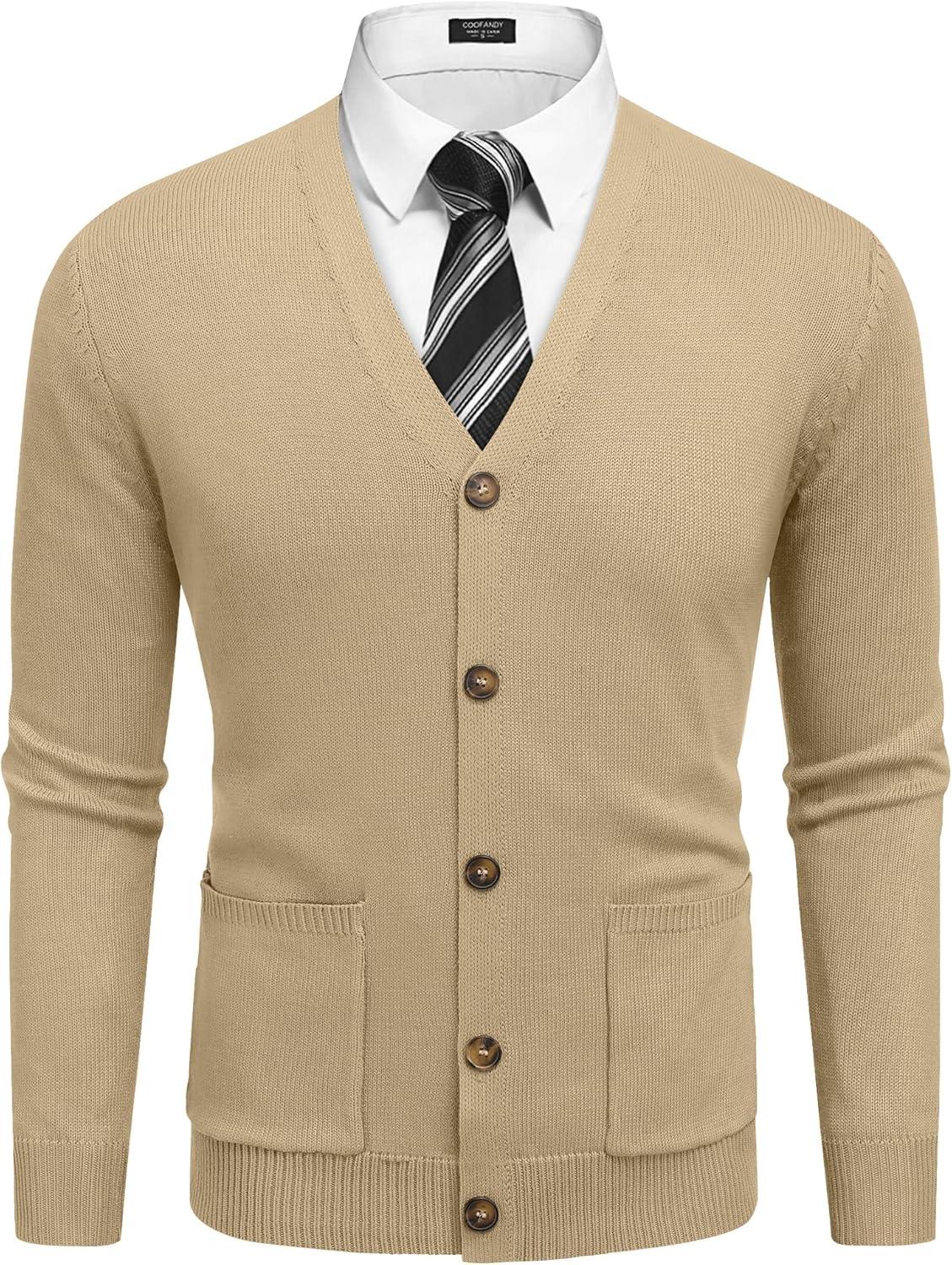 imageCOOFANDY Mens Cardigan Sweater Long Sleeve Casual V Neck Button Down Knitted Sweater with PocketsKhaki